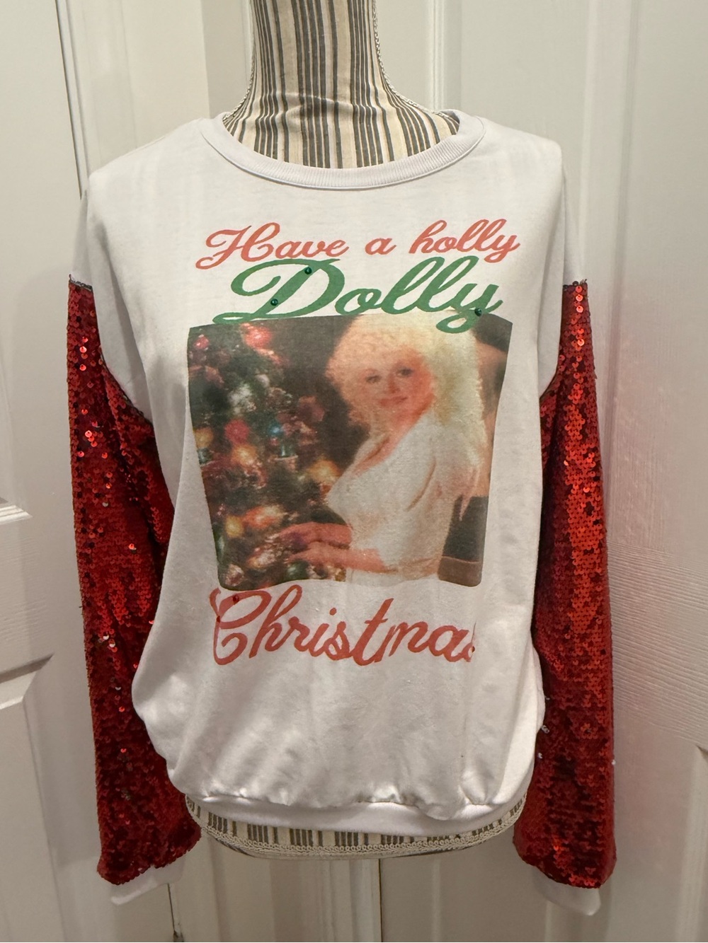 Have a Holly Dolly Christmas Sequin Sleeve Sweatshirt - White and Red